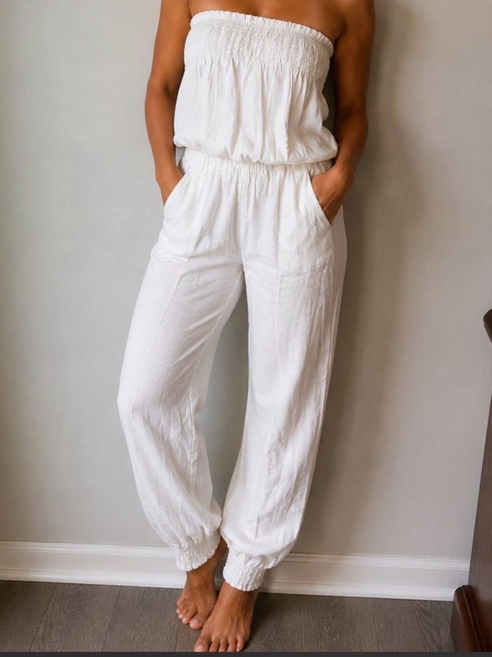 Highway Jeans White Strapless Smocked Jumpsuit with Pockets